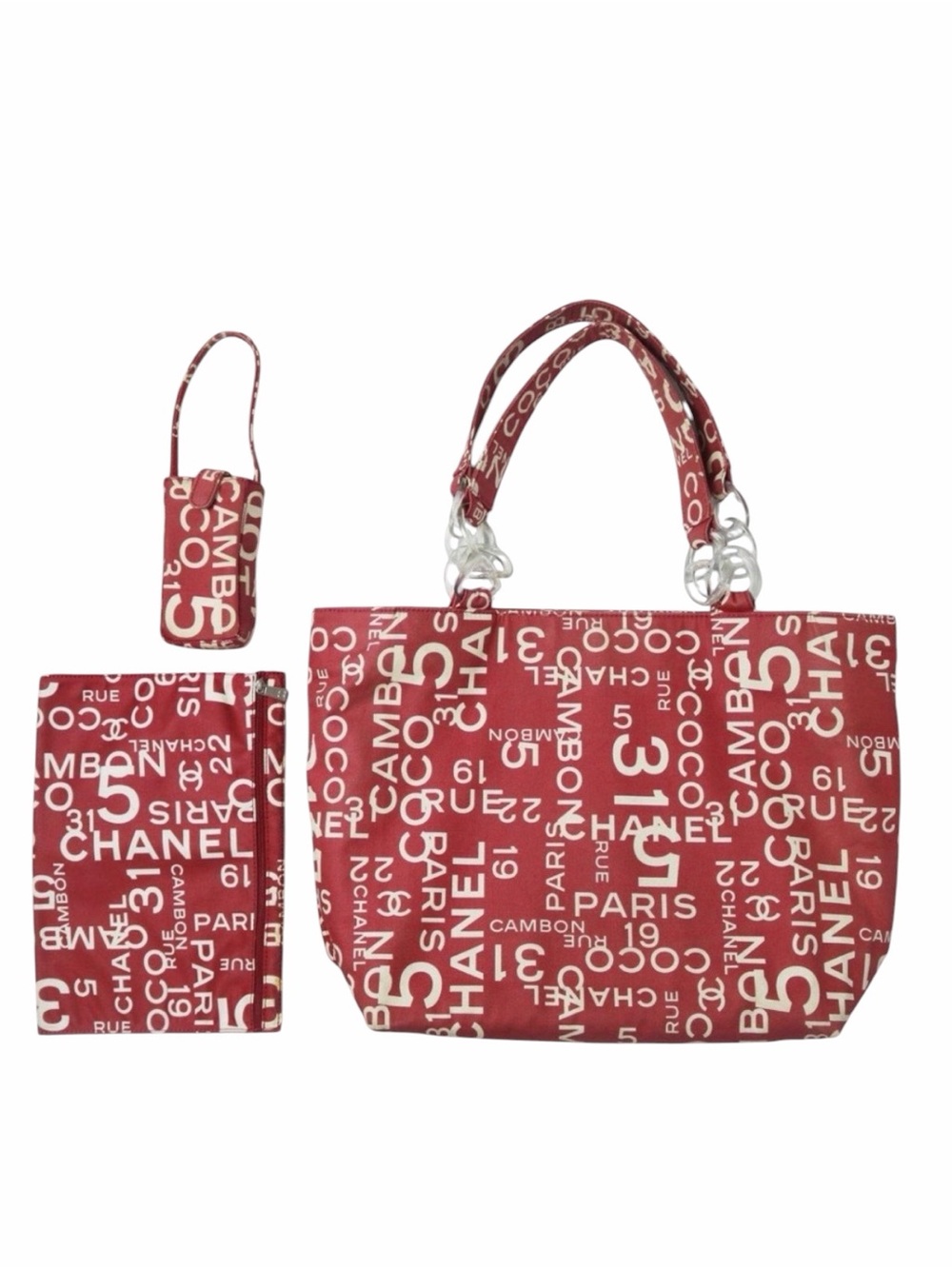 Chanel Red/White Coco Print
Canvas Beach Tote Bag 3 piece Set Authentic